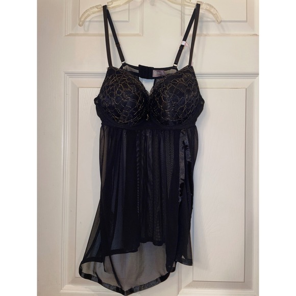 Daisy Fuentes Other - Daisy Fuentes Black Gold Lace Mesh Babydoll Chemise Lingerie DF2151 Large